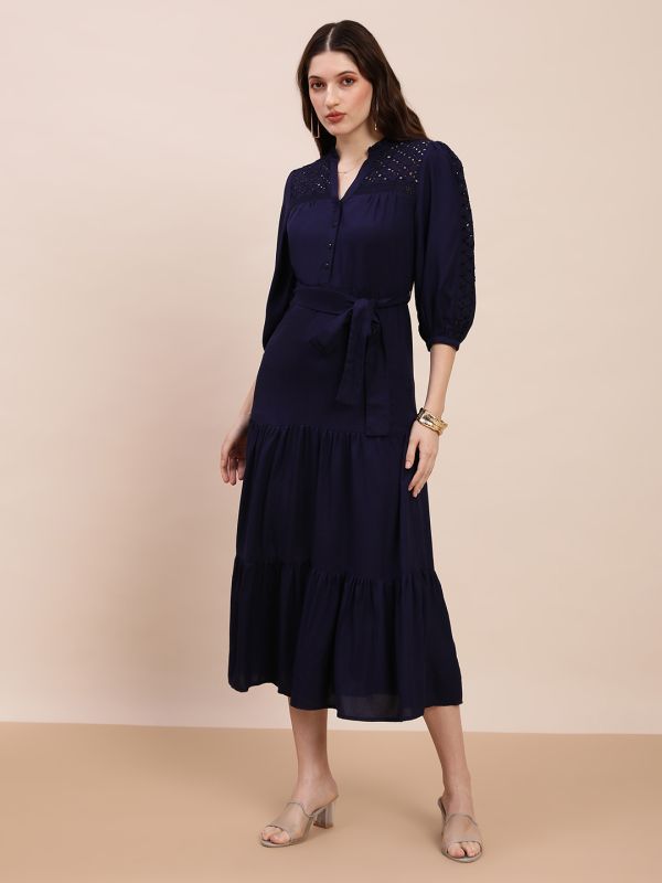 Globus Women Blue V-Neck Bishop Sleeves Solid Schiffli Detail Tiered Midi A-Line Party Dress With Belt