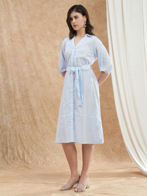 Globus Women Blue Collared Neck Puff Sleeves Striped Midi Workwear Shirt Dress With Belt