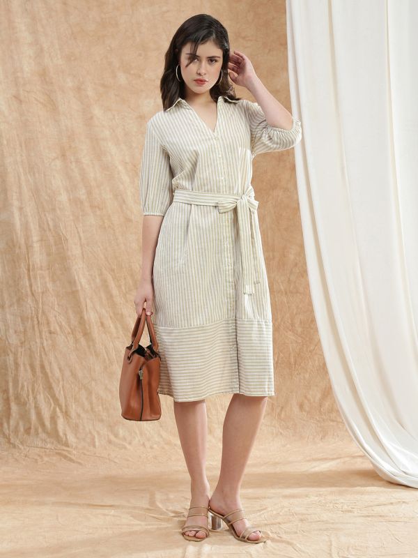 Globus Women Brown Collared Neck Puff Sleeves Striped Midi Workwear Shirt Dress With Belt