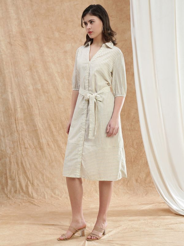 Globus Women Brown Collared Neck Puff Sleeves Striped Midi Workwear Shirt Dress With Belt
