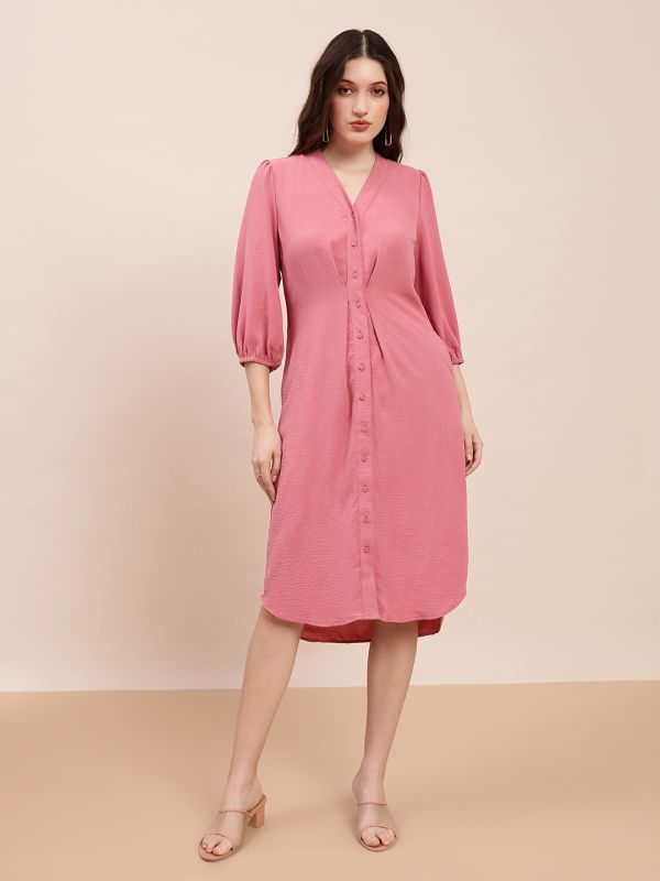 Globus Women Pink V-Neck Pleated Detail Bishop Sleeve Curved Hem Midi Shirt Style Dress
