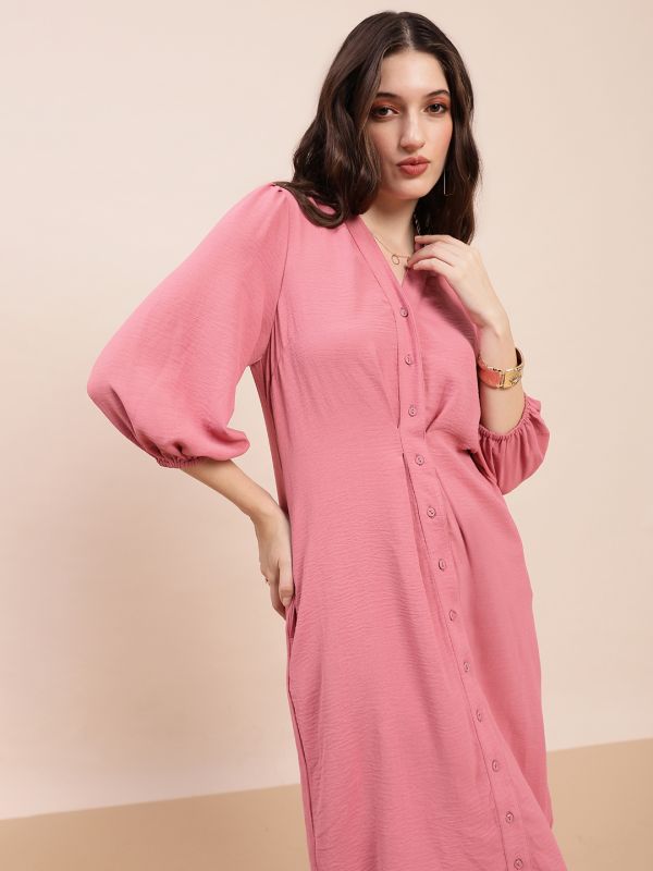 Globus Women Pink V-Neck Pleated Detail Bishop Sleeve Curved Hem Midi Shirt Style Dress