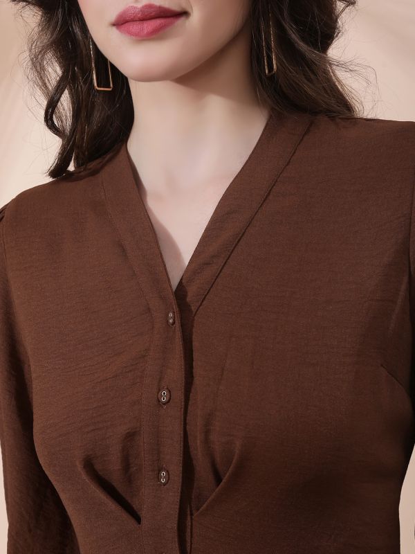 Globus Women Brown Self Design V-Neck Pleated Detail Midi Shirt Style Dress 