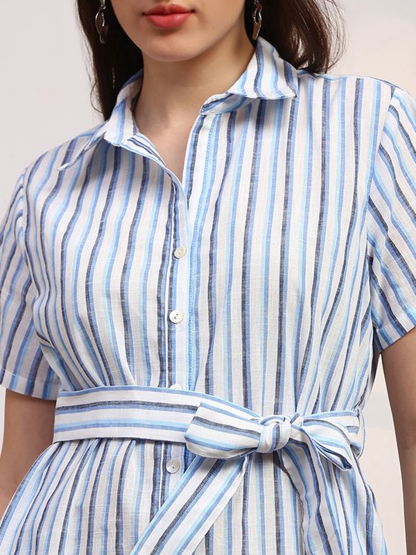 Globus Women Blue Stripes Printed Collared Neck Curved Hem Button-Down Belted Shirt Style Dress