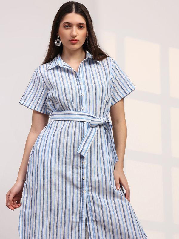 Globus Women Blue Stripes Printed Collared Neck Curved Hem Button-Down Belted Shirt Style Dress