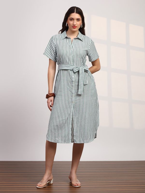 Globus Women Green Stripes Printed Collared Neck Curved Hem Button-Down Belted Shirt Style Dress