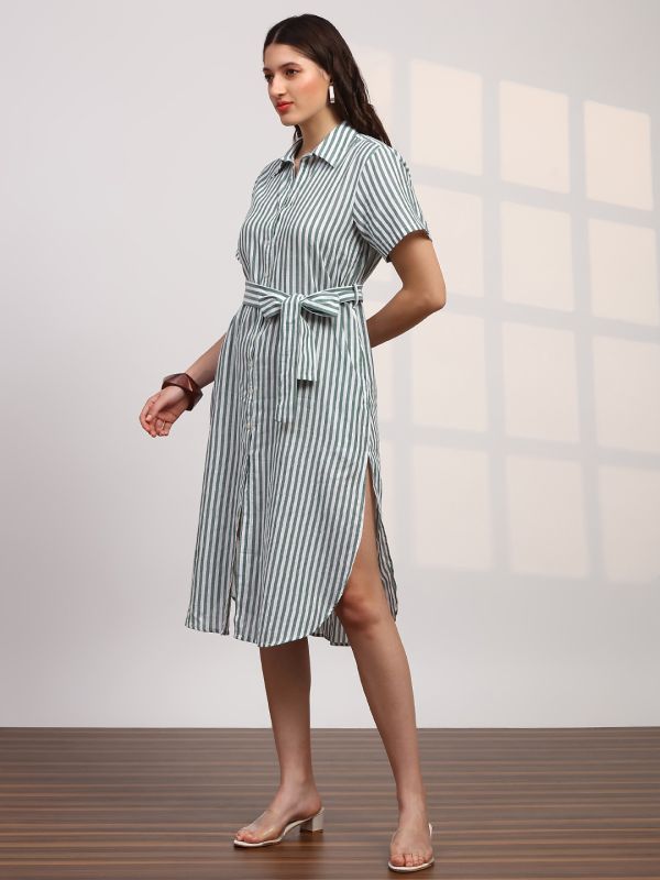 Globus Women Green Stripes Printed Collared Neck Curved Hem Button-Down Belted Shirt Style Dress