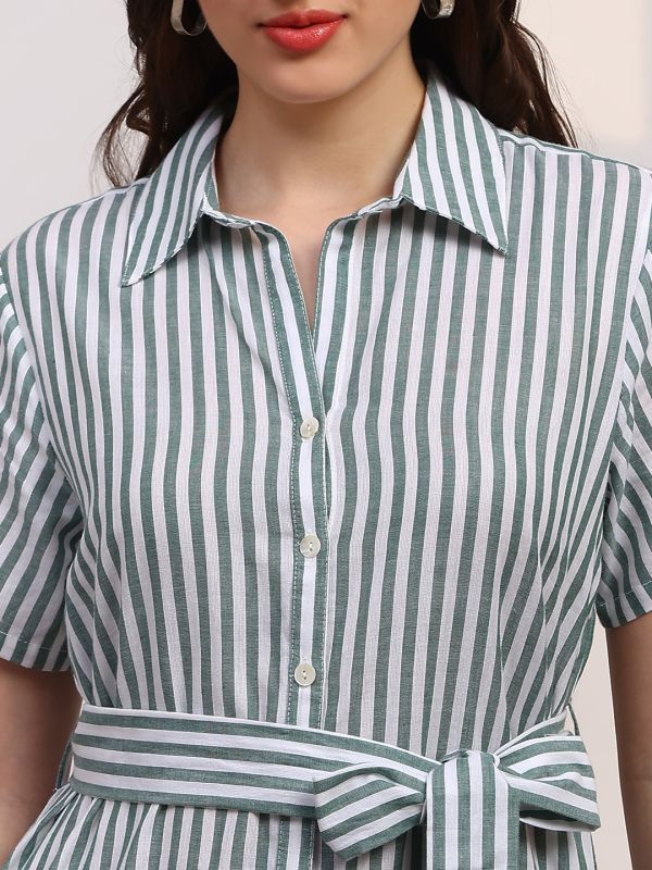 Globus Women Green Stripes Printed Collared Neck Curved Hem Button-Down Belted Shirt Style Dress