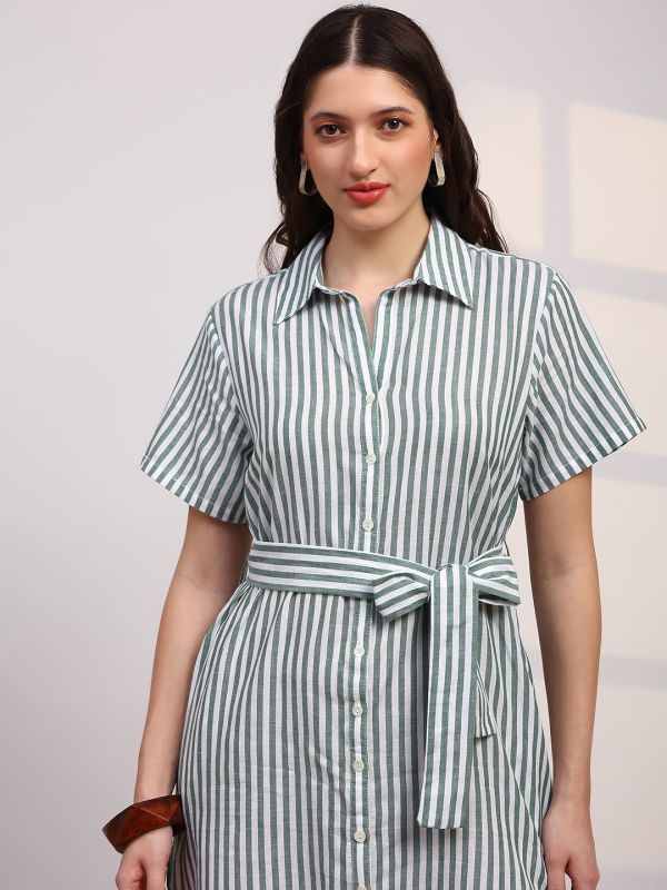 Globus Women Green Stripes Printed Collared Neck Curved Hem Button-Down Belted Shirt Style Dress