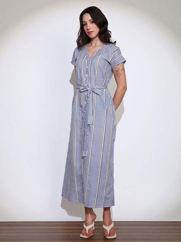 Globus Women Blue Striped V-Neck Extended Sleeves Front Slit Belted A-Line Midi Shirt Style Dress