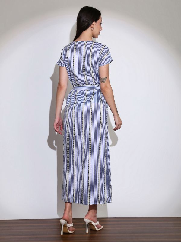 Globus Women Blue Striped V-Neck Extended Sleeves Front Slit Belted A-Line Midi Shirt Style Dress