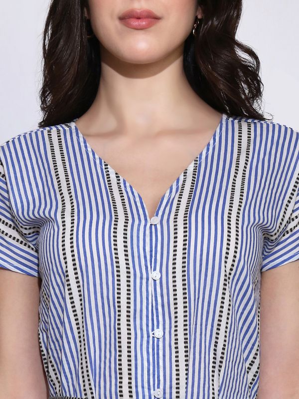 Globus Women Blue Striped V-Neck Extended Sleeves Front Slit Belted A-Line Midi Shirt Style Dress