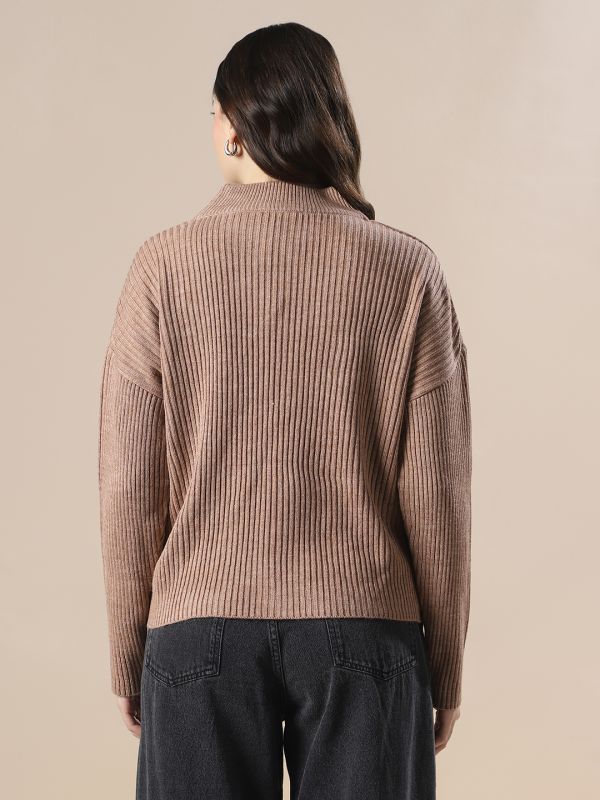 Globus Women Beige Self Design High Neck Drop Shoulder Long Sleeves Acrylic Knitted Pullover Sweater