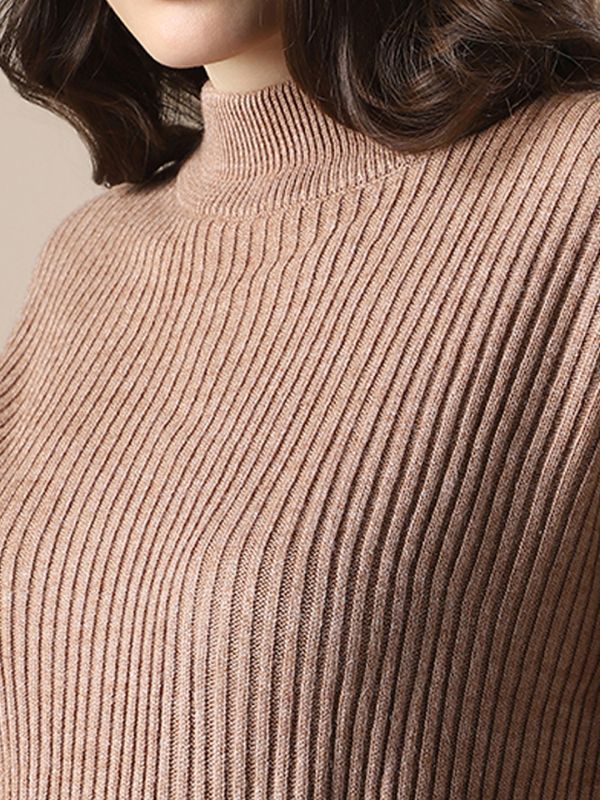 Globus Women Beige Self Design High Neck Drop Shoulder Long Sleeves Acrylic Knitted Pullover Sweater