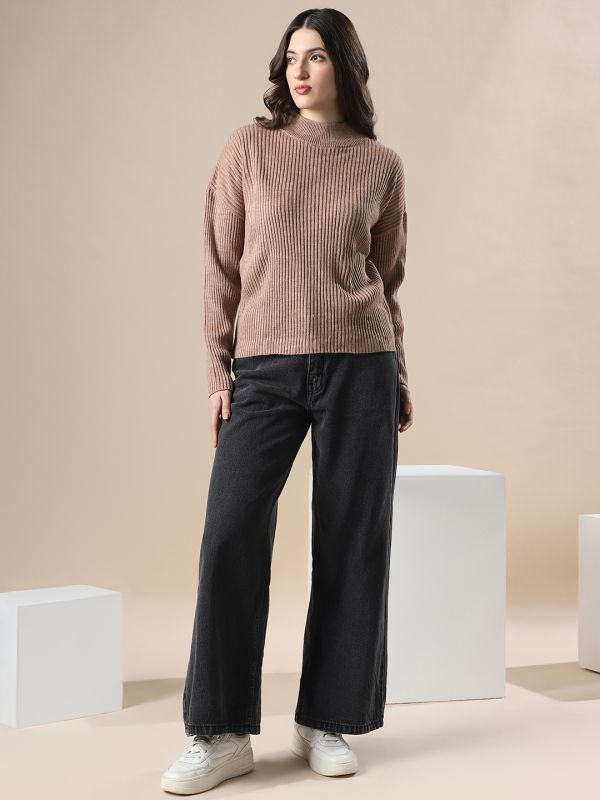 Globus Women Beige Self Design High Neck Drop Shoulder Long Sleeves Acrylic Knitted Pullover Sweater