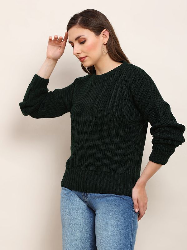 Globus Women Green Self Design Round Neck Drop Shoulder Long Sleeves Acrylic Knitted Pullover Sweater
