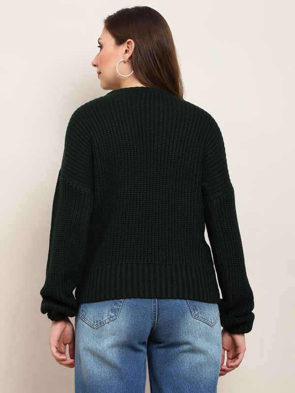 Globus Women Green Self Design Round Neck Drop Shoulder Long Sleeves Acrylic Knitted Pullover Sweater