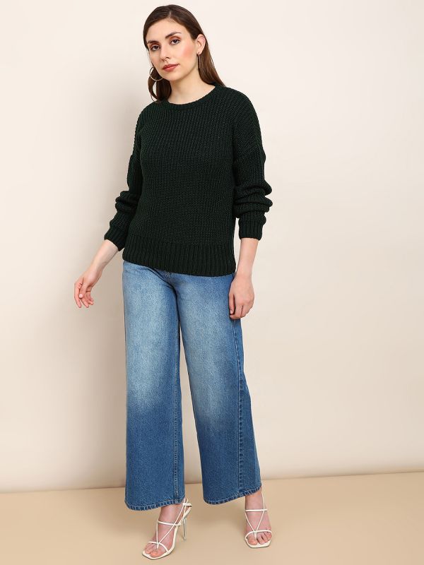 Globus Women Green Self Design Round Neck Drop Shoulder Long Sleeves Acrylic Knitted Pullover Sweater