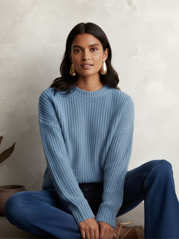 Globus Women Blue Round Neck Drop Shoulder Sleeves Self Design Cable Knit Pullover Sweater