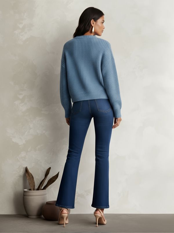 Globus Women Blue Round Neck Drop Shoulder Sleeves Self Design Cable Knit Pullover Sweater