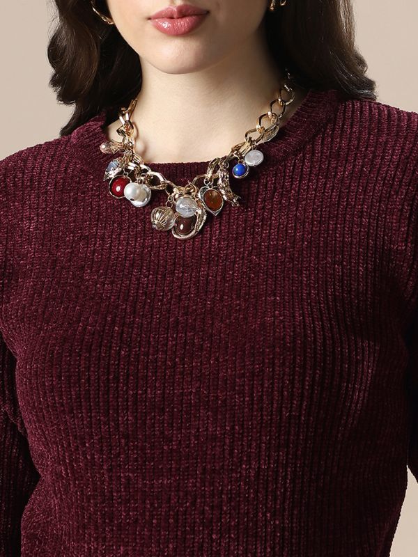Globs Women Mauve Self Design Round Neck Drop Shoulder Long Sleeves Acrylic Knitted Pullover Sweater
