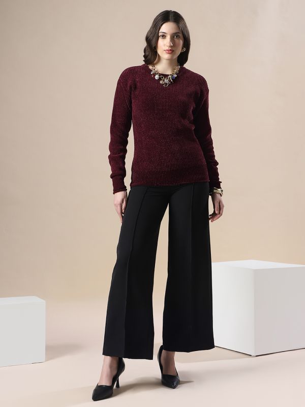 Globs Women Mauve Self Design Round Neck Drop Shoulder Long Sleeves Acrylic Knitted Pullover Sweater
