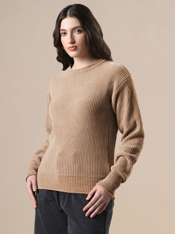Globs Women Brown Self Design Round Neck Drop Shoulder Long Sleeves Acrylic Knitted Pullover Sweater 