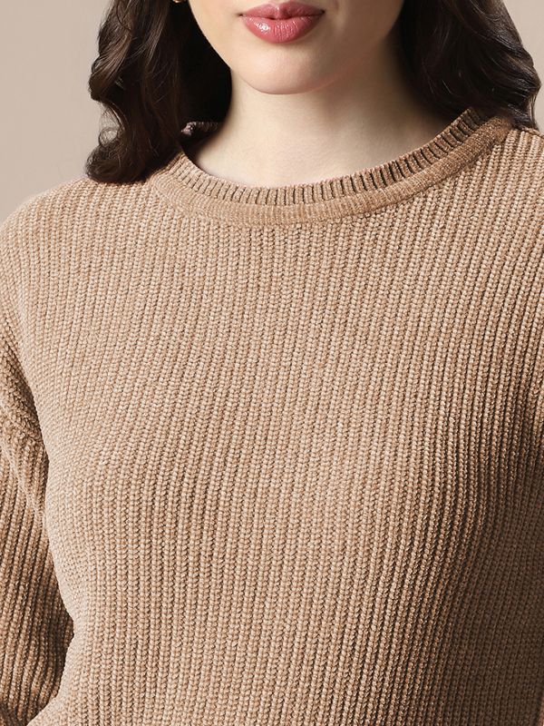 Globs Women Brown Self Design Round Neck Drop Shoulder Long Sleeves Acrylic Knitted Pullover Sweater 