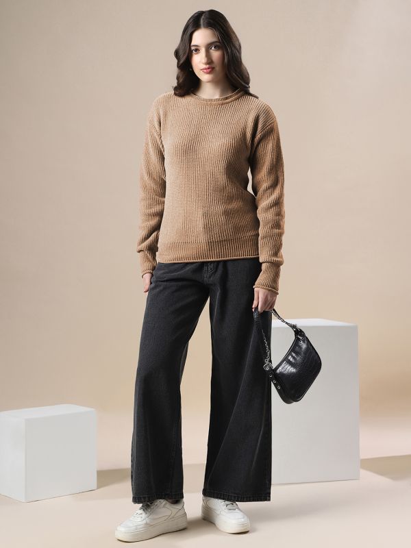 Globs Women Brown Self Design Round Neck Drop Shoulder Long Sleeves Acrylic Knitted Pullover Sweater 