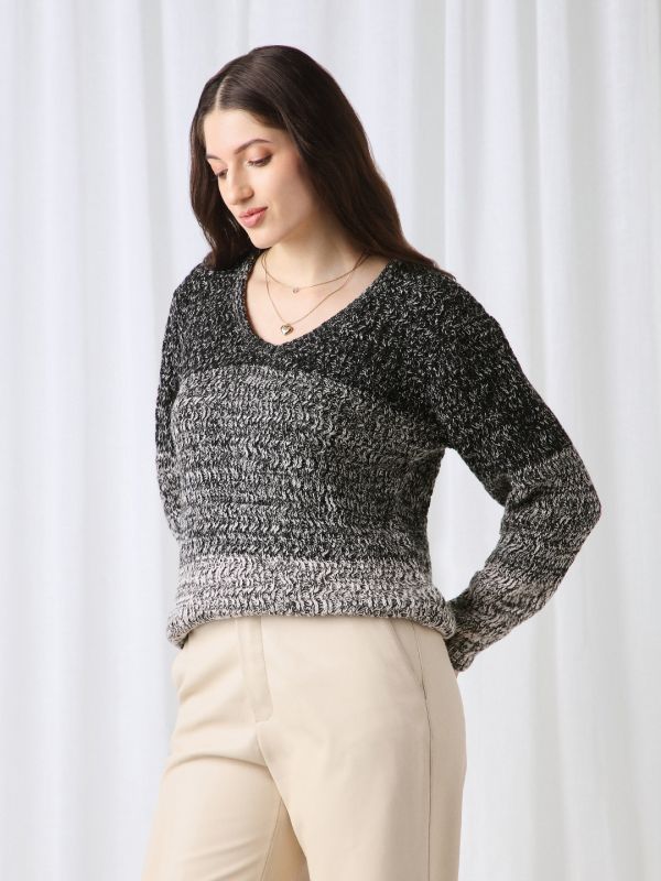 Globus Women Black Ombre Self Design V-Neck Acrylic Pullover Sweater 