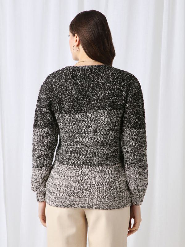Globus Women Black Ombre Self Design V-Neck Acrylic Pullover Sweater 