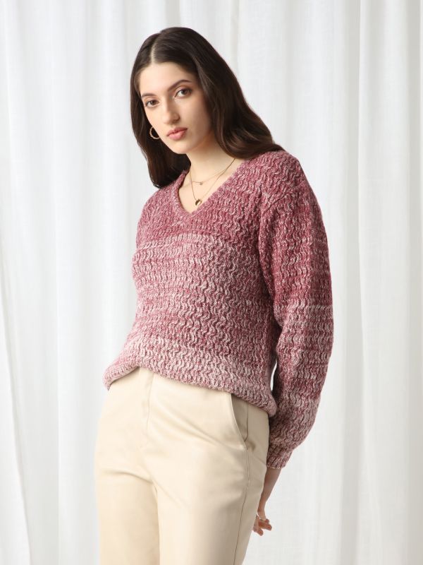 Globus Women Pink Ombre Self Design V-Neck Acrylic Pullover Sweater 