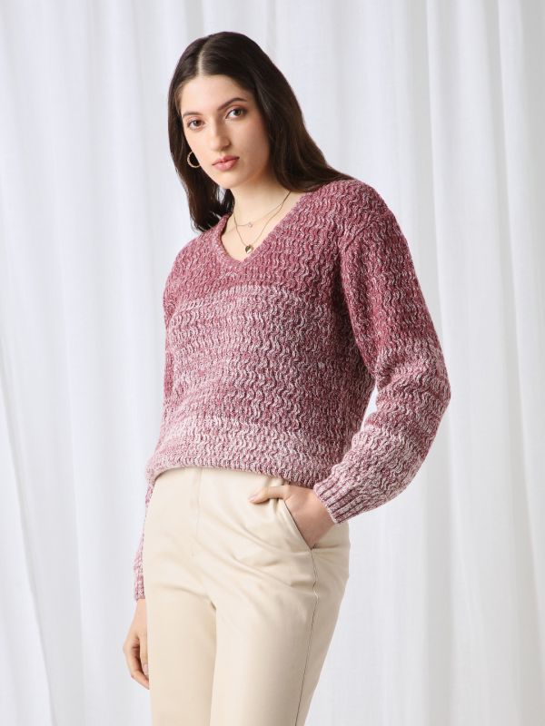 Globus Women Pink Ombre Self Design V-Neck Acrylic Pullover Sweater 