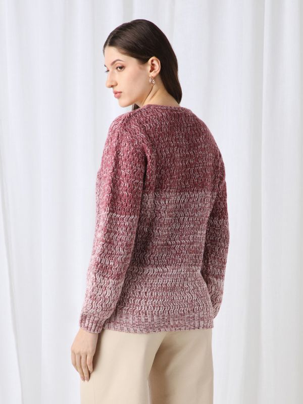 Globus Women Pink Ombre Self Design V-Neck Acrylic Pullover Sweater 