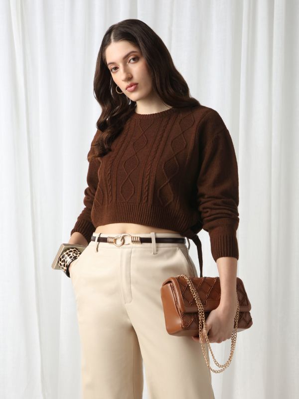 Globus Women Brown Cable Knitting Round Neck Long Sleeve Acrylic Pullover Crop Sweater