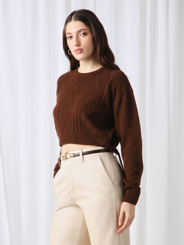 Globus Women Brown Cable Knitting Round Neck Long Sleeve Acrylic Pullover Crop Sweater