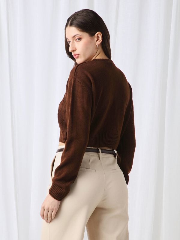 Globus Women Brown Cable Knitting Round Neck Long Sleeve Acrylic Pullover Crop Sweater