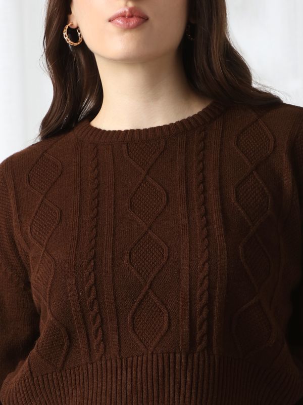 Globus Women Brown Cable Knitting Round Neck Long Sleeve Acrylic Pullover Crop Sweater