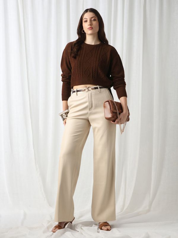 Globus Women Brown Cable Knitting Round Neck Long Sleeve Acrylic Pullover Crop Sweater