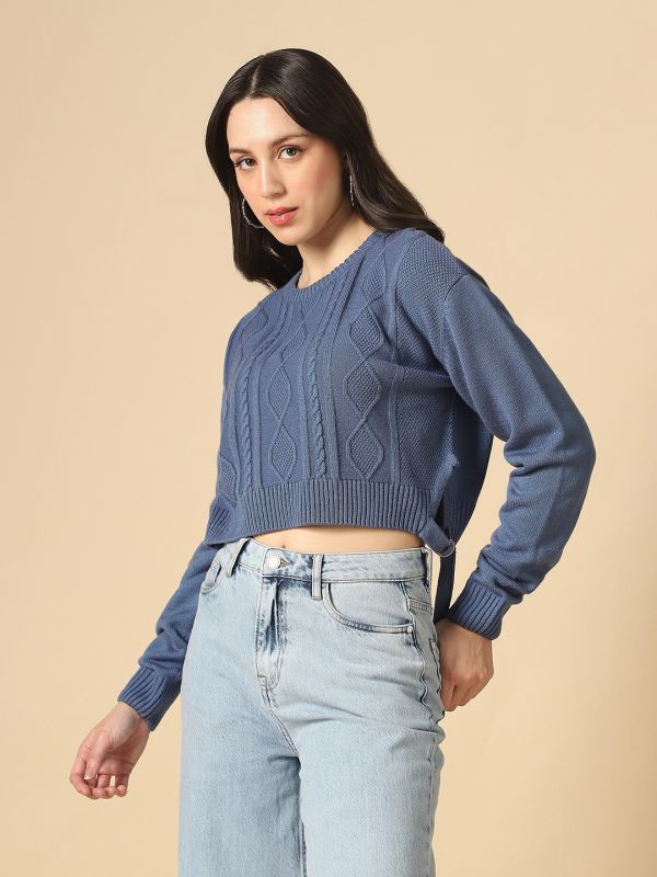 Globus Women Blue Round Neck Long Sleeves Cable Knit Tie-Up Detail Curved Hem Acrylic Crop Pullover Sweater