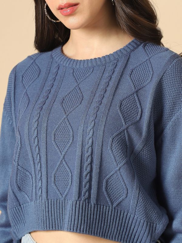 Globus Women Blue Round Neck Long Sleeves Cable Knit Tie-Up Detail Curved Hem Acrylic Crop Pullover Sweater