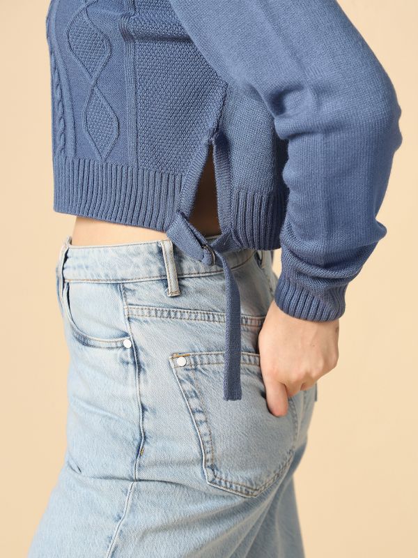 Globus Women Blue Round Neck Long Sleeves Cable Knit Tie-Up Detail Curved Hem Acrylic Crop Pullover Sweater