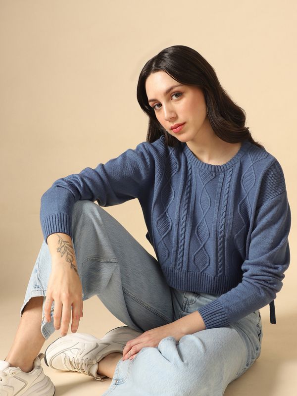 Globus Women Blue Round Neck Long Sleeves Cable Knit Tie-Up Detail Curved Hem Acrylic Crop Pullover Sweater