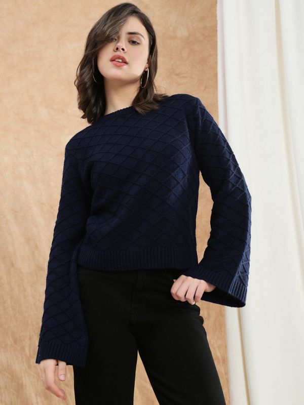 Globus Women Blue Round Neck Bell Sleeve Self Design Cable Knitted Ribbed Hem Acrylic Winterwear Pullover Sweater