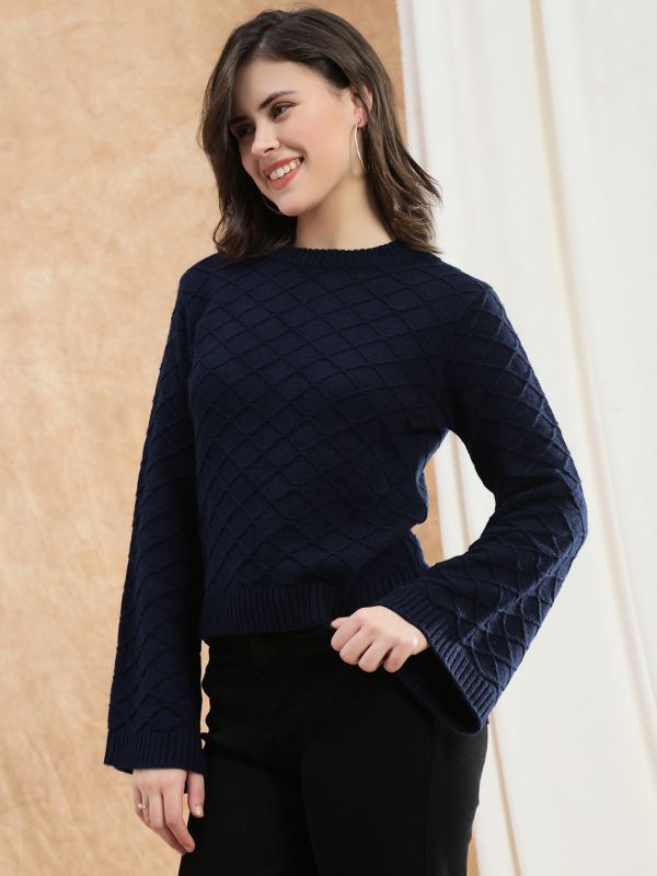 Globus Women Blue Round Neck Bell Sleeve Self Design Cable Knitted Ribbed Hem Acrylic Winterwear Pullover Sweater