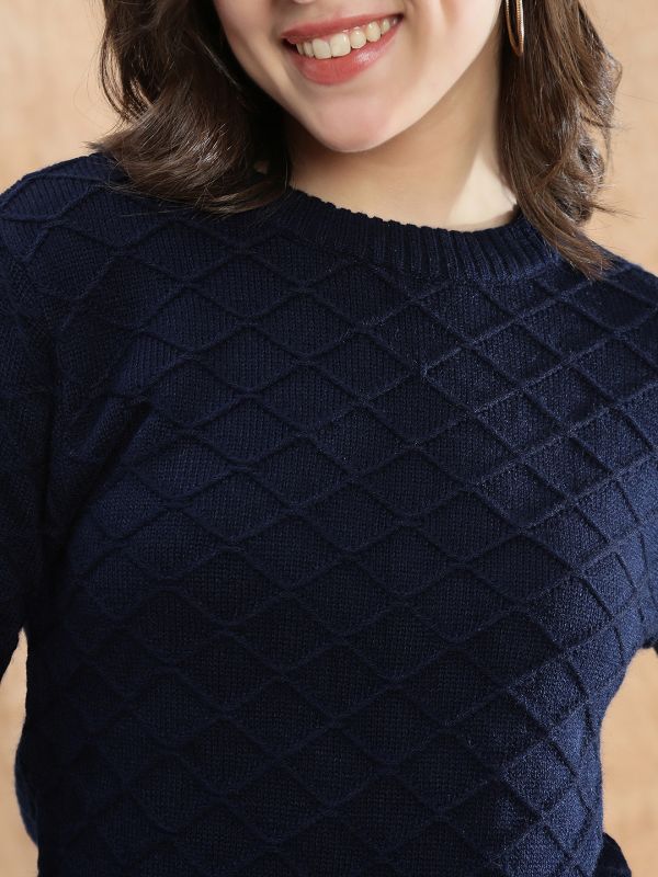 Globus Women Blue Round Neck Bell Sleeve Self Design Cable Knitted Ribbed Hem Acrylic Winterwear Pullover Sweater