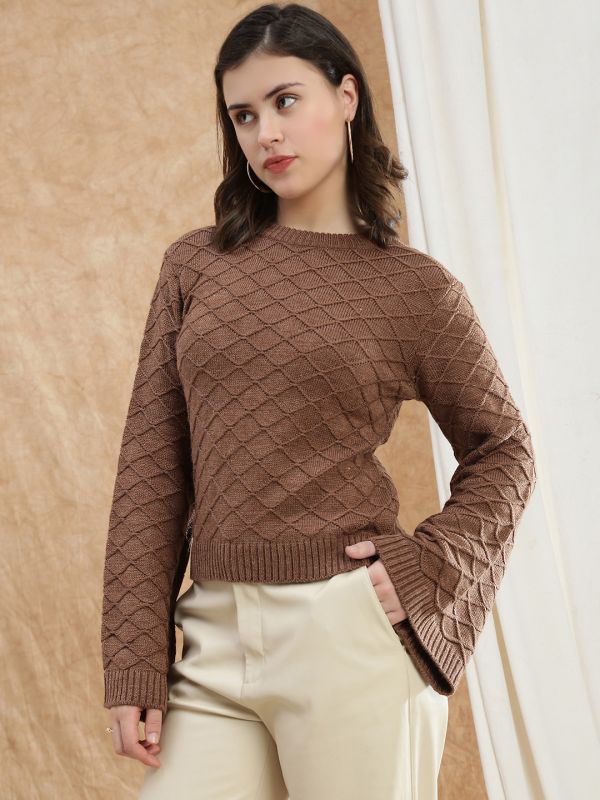 Globus Women Brown Round Neck Bell Sleeve Self Design Cable Knitted Ribbed Hem Acrylic Winterwear Pullover Sweater