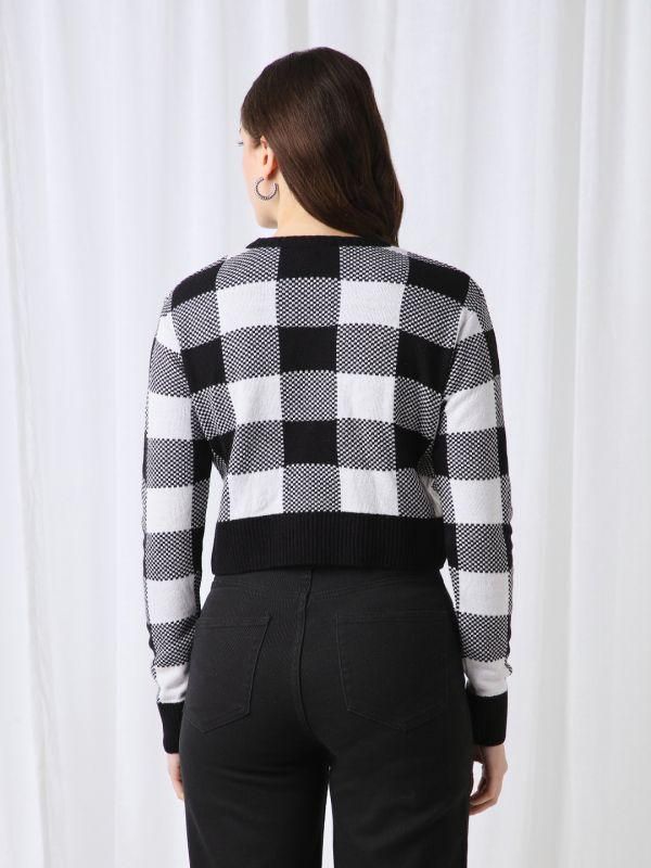 Globus Women Black Checkered Round Neck Long Sleeves Acrylic Pullover Crop Sweater 
