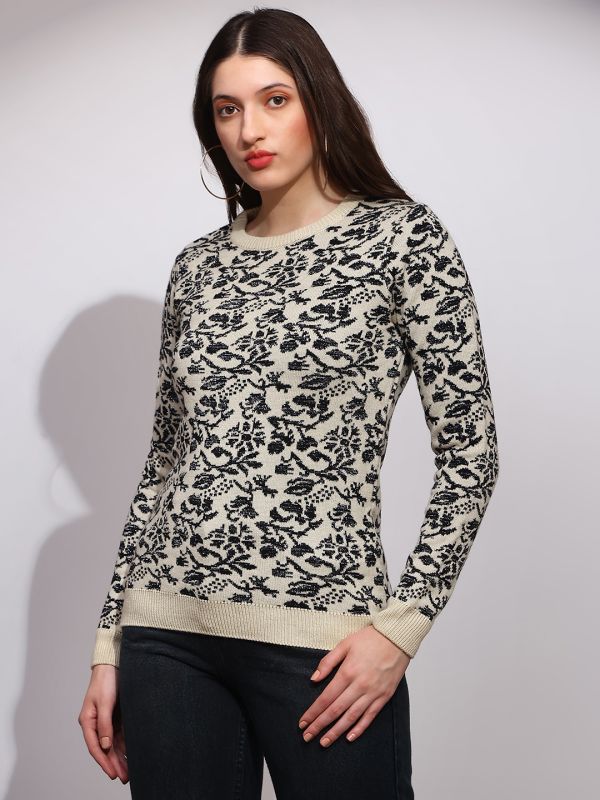 Globus Women Black Round Neck Long Sleeves Floral Print Ribbed Hem Winterwear Pullover Sweater