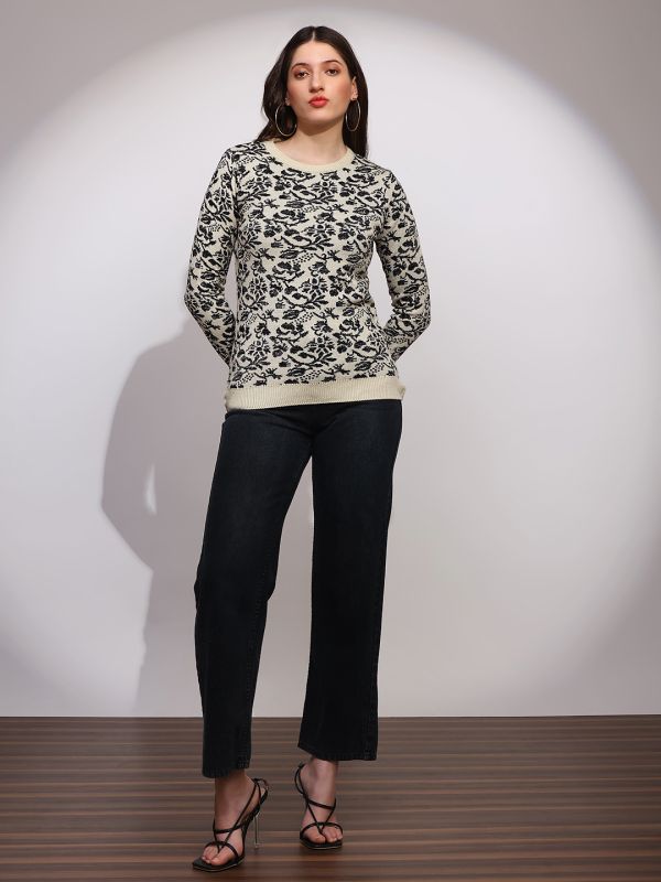 Globus Women Black Round Neck Long Sleeves Floral Print Ribbed Hem Winterwear Pullover Sweater